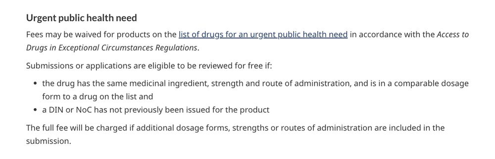 Section of Health Canada guidance on fee waivers for drug evaluations saying fees may be waived for drugs on the List of Drugs for an Urgent Public Health Need. 