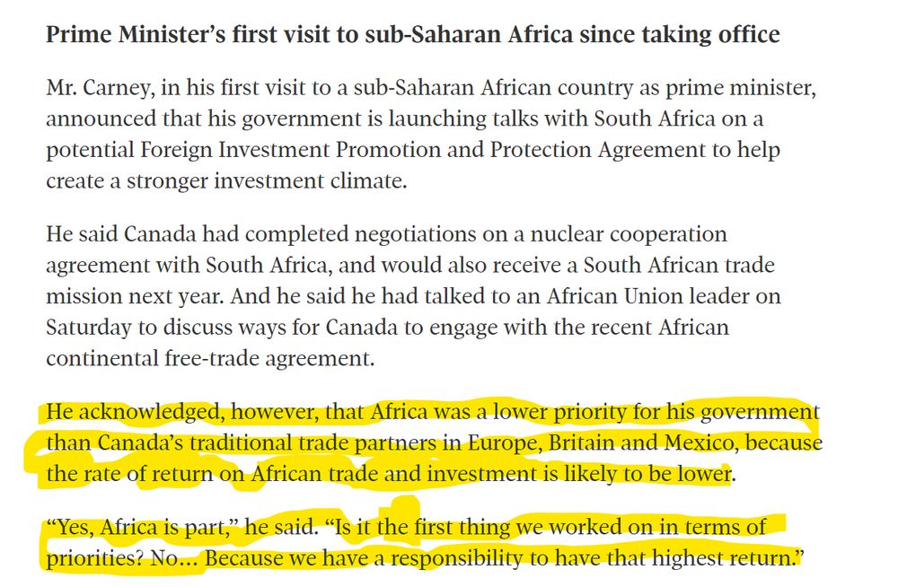 The four paragraphs under the heading "Prime Minister’s first visit to sub-Saharan Africa since taking office" from this article https://www.theglobeandmail.com/world/article-carney-feminist-foreign-policy-g20-johannesburg-south-african-joint/