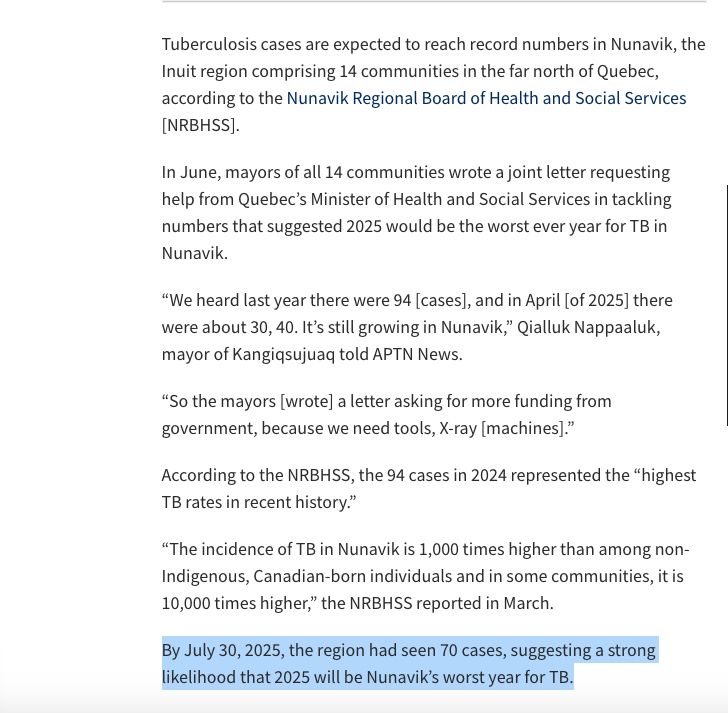 Screenshot of the first seven paragraphs of the article, with the seventh highlighted (re: the likelihood 2025 will be Nunavik's worst year for TB)