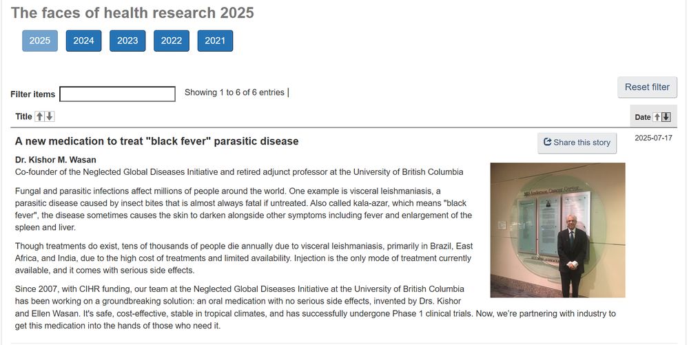 Screenshot of the article "A new medication to treat "black fever" parasitic disease" from https://cihr-irsc.gc.ca/e/54163.html