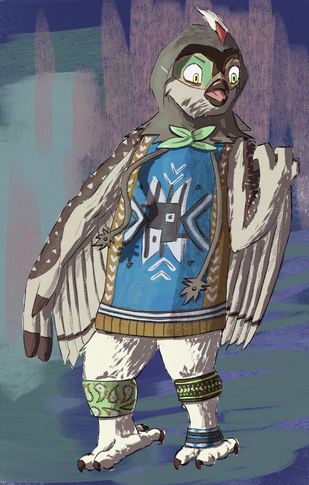 A decidueye in an elaborate sweater, bangle on their legs, looking very pissed at the camera, hand clenched in a fist