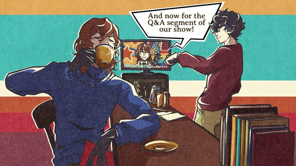 Graphic of Joker and Goro Akechi from Persona 5 in Leblanc with the TV between them. The Detective Prince Akechi on screen is waving to the audience with text that reads: "And now for the Q&A segment of our show!" The real Akechi is turned away from the TV and angrily sipping his coffee while Joker turns the volume up and grins at him.