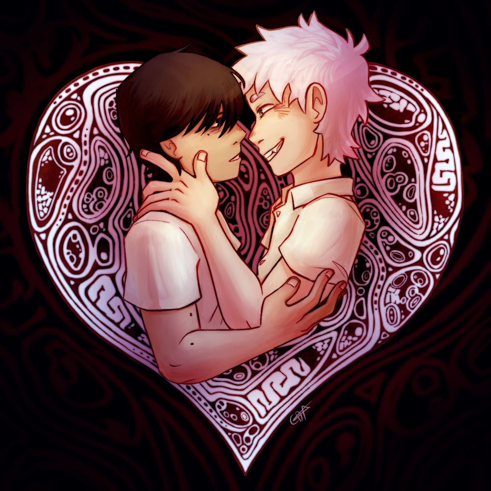 A drawing of Yoshiki and Hikaru from the chest up. Hikaru is grinning at Yoshiki while holding his face, Yoshiki meets his gaze with a slight smile, hand steadying the arm that Hikaru is using to hold his face. Behind them is the shape of a heart with the patterns of Hikaru's insides.