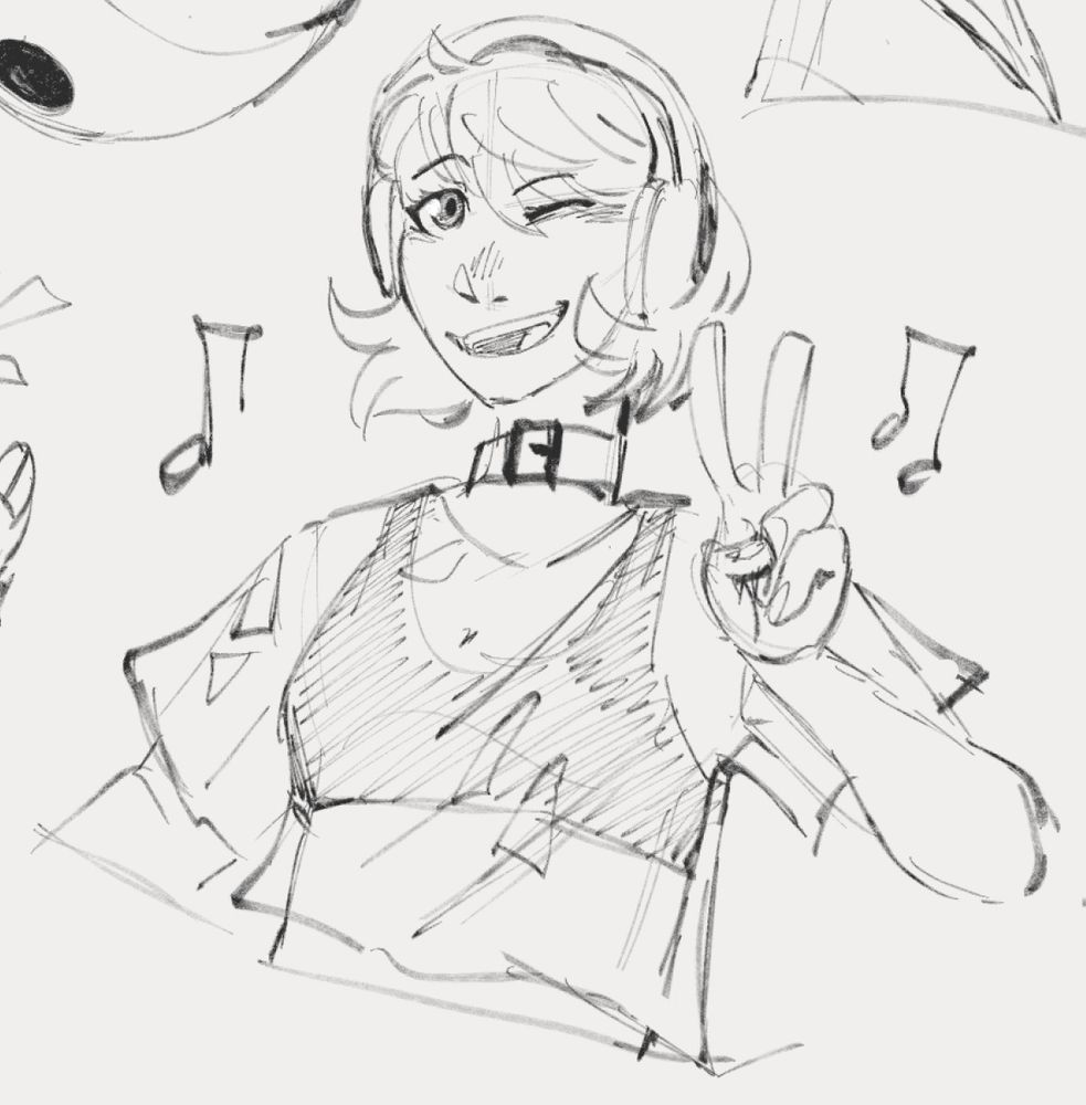 A bust sketch of Yukari. She is smiling wide and wiking while throwing up a peace sign. She is in her P3D outfit.