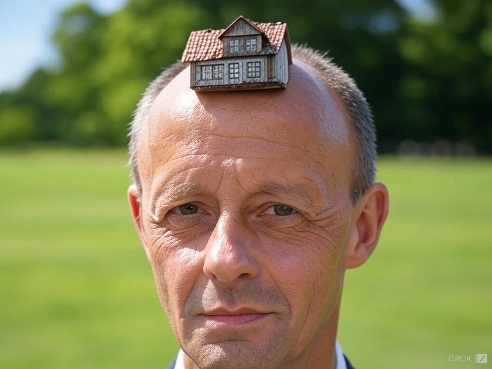 Merz mit Haus auf dem Kopf