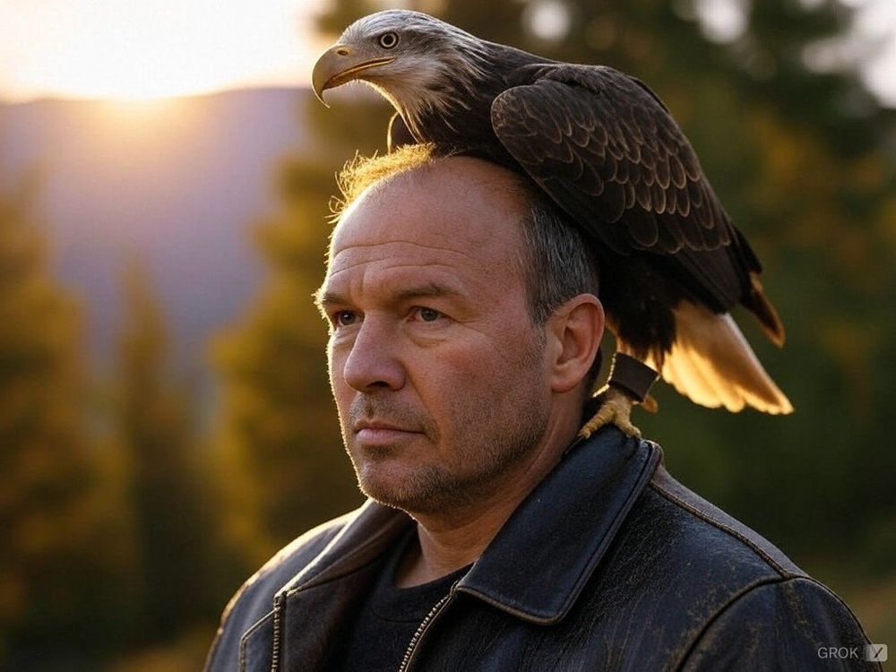 Mann mit Adler auf dem Kopf