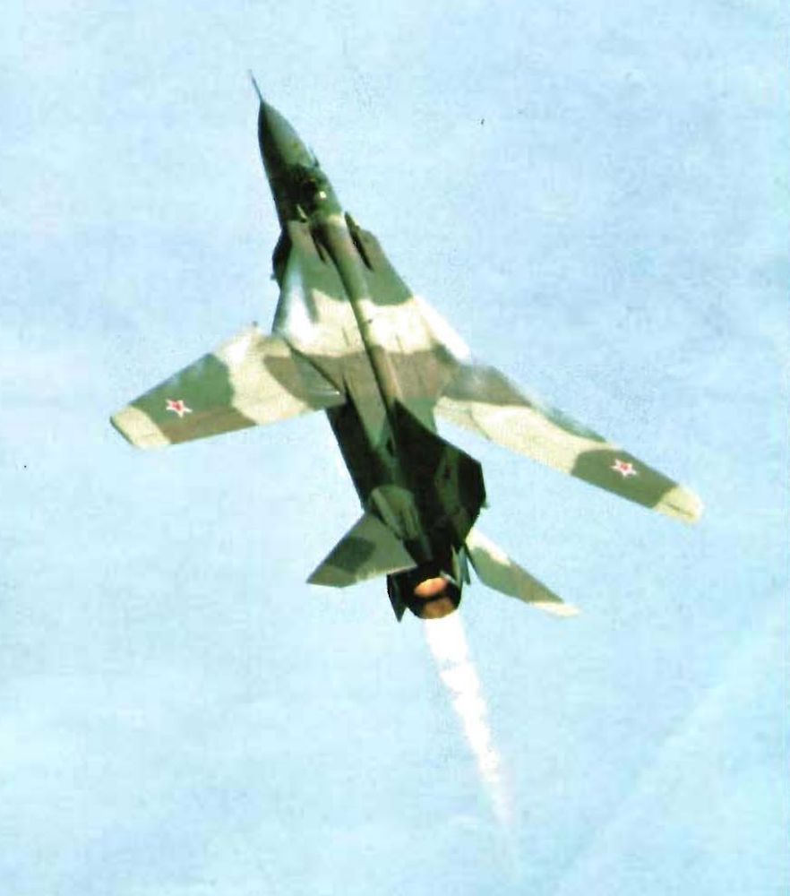 Soviet MiG-23ML. Note the visible vortices coming of the leading edge at the wing roots and dog-tooth vortex generators.