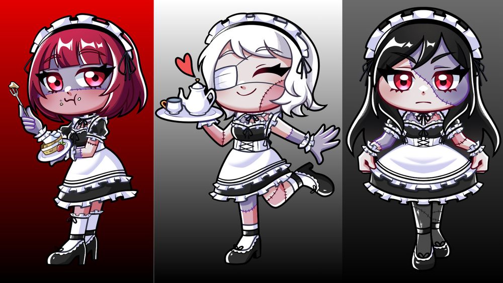 The zombie maids. Rouge is eating cake, Blanche is serving tea, and Noire is curtsying 