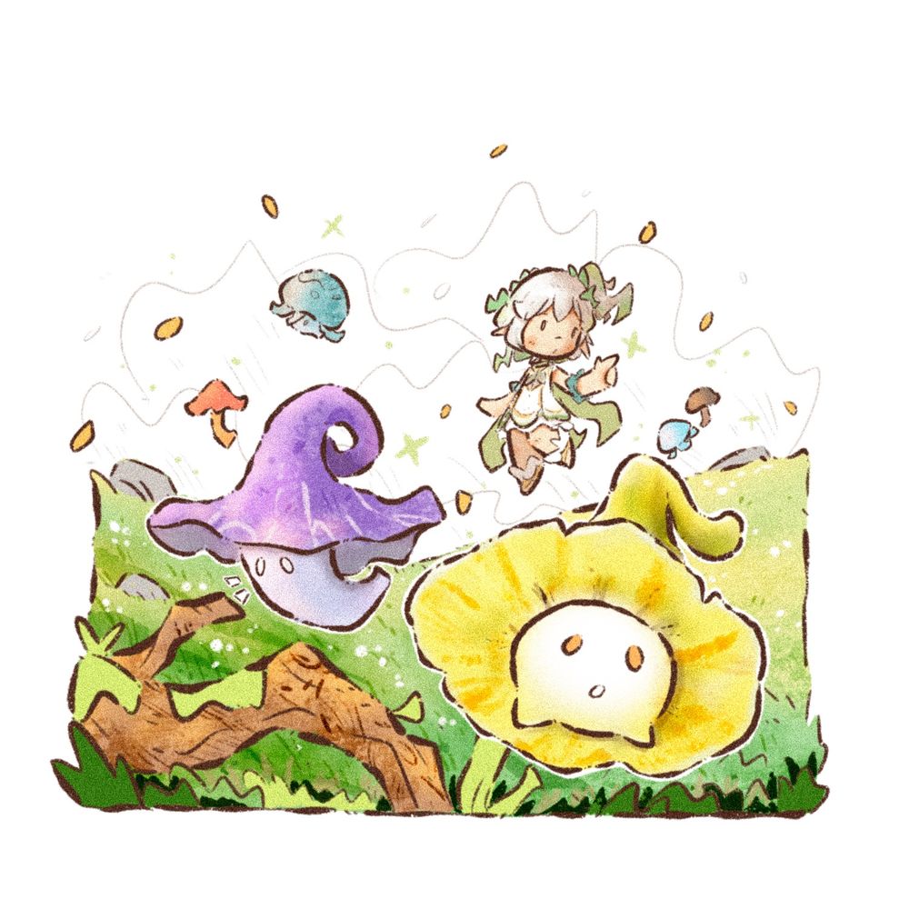 The Dendro Archon from Sumeru and some little cute fungus. All these characters are from Genshin Impact