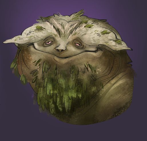 The face of an anthropomorphic mata-mata turtle with moss growing on him. His expression implies he is so stoned he has no idea that he's even sentient at this point in time. Also his name is Pebbles and he's my D&D character.