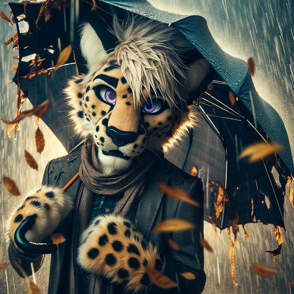 AI version of a cheetah fursuiter in the pouring rain