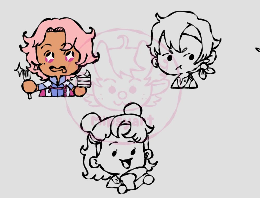 A work in progress shot of Fields of Mistria characters Eiland, Reina, and March.
