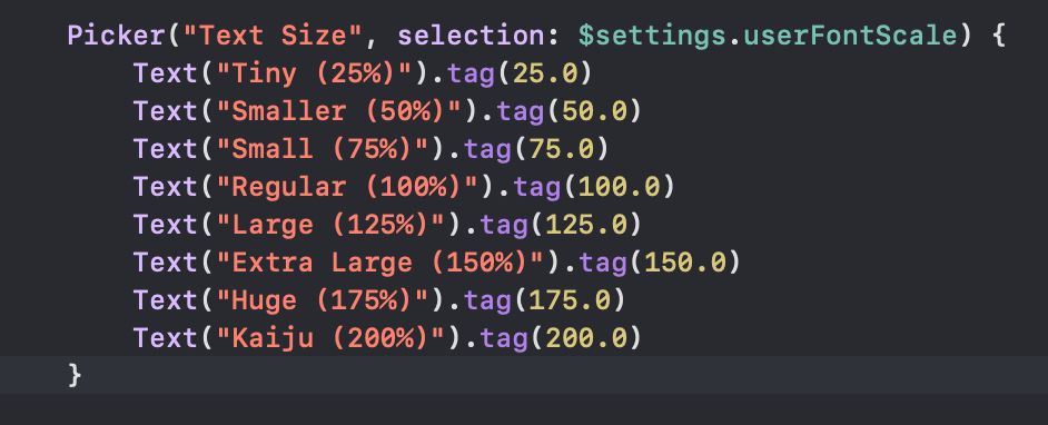 Swift code for a text-size picker, ranging from "Tiny" to "Kaiju"