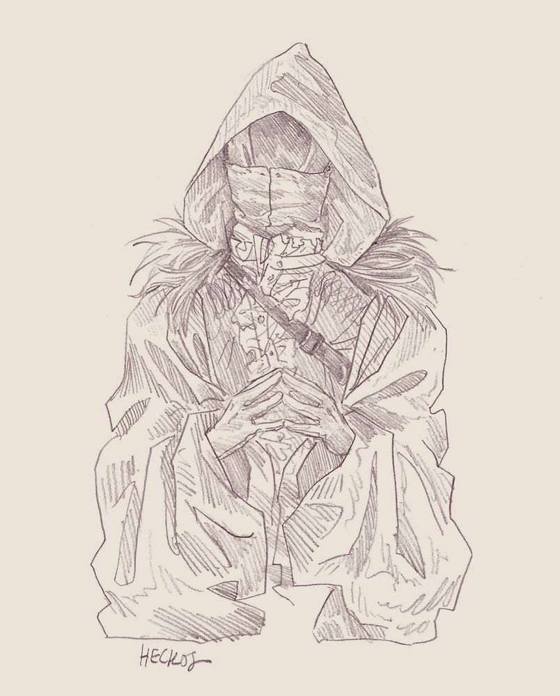 pencil drawing of a hooded person from the waist up. they are wearing a high collar, their face is obscured, and they wear at least three layers of loose clothing.