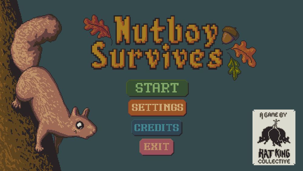 A pixel art title screen that reads "Nutboy Survives". It has start, settings, credits, and exit buttons. In the corner there is a logo with three rats that reads "A Game By Rat King Collective"