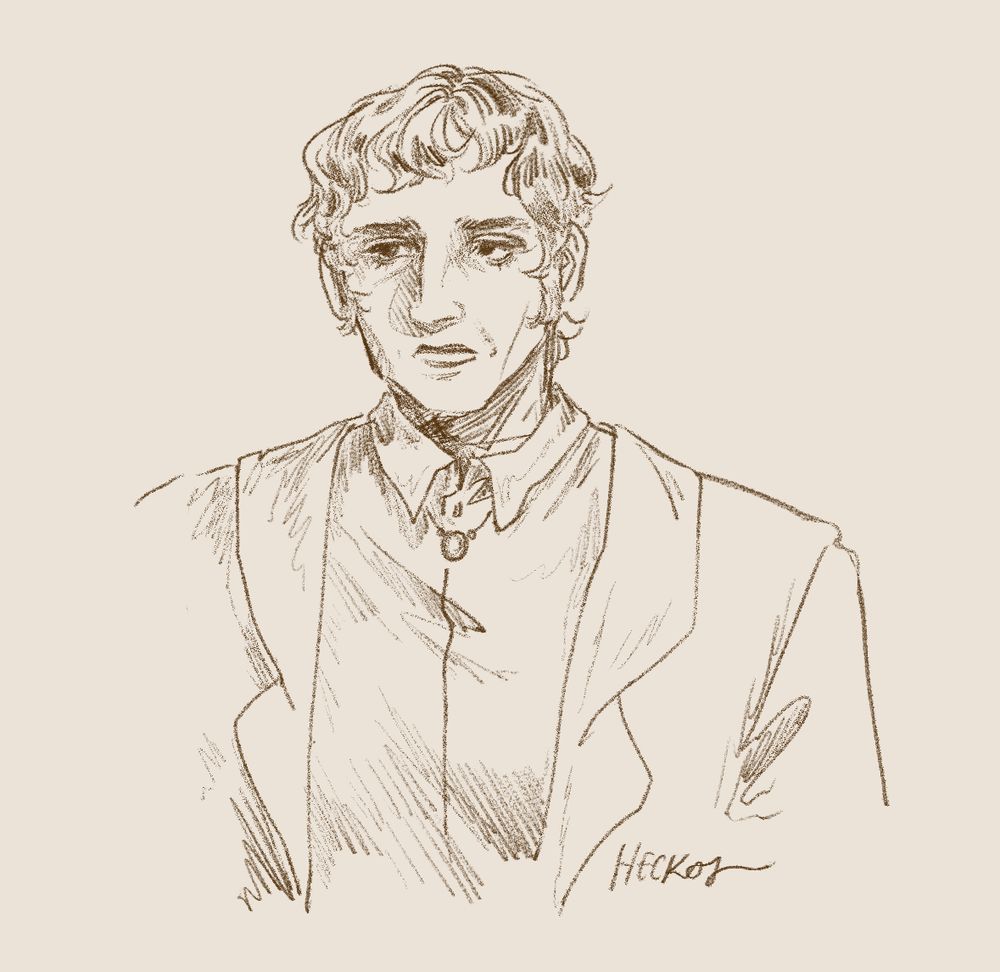 bust drawing of a woman in a button up shirt and jacket. she has short hair in a napoleon-style cut