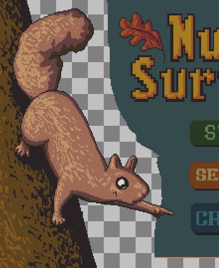 All three images are of a pixel art squirrel, which is clinging to a tree, and is pointing with one arm toward video game main menu buttons.