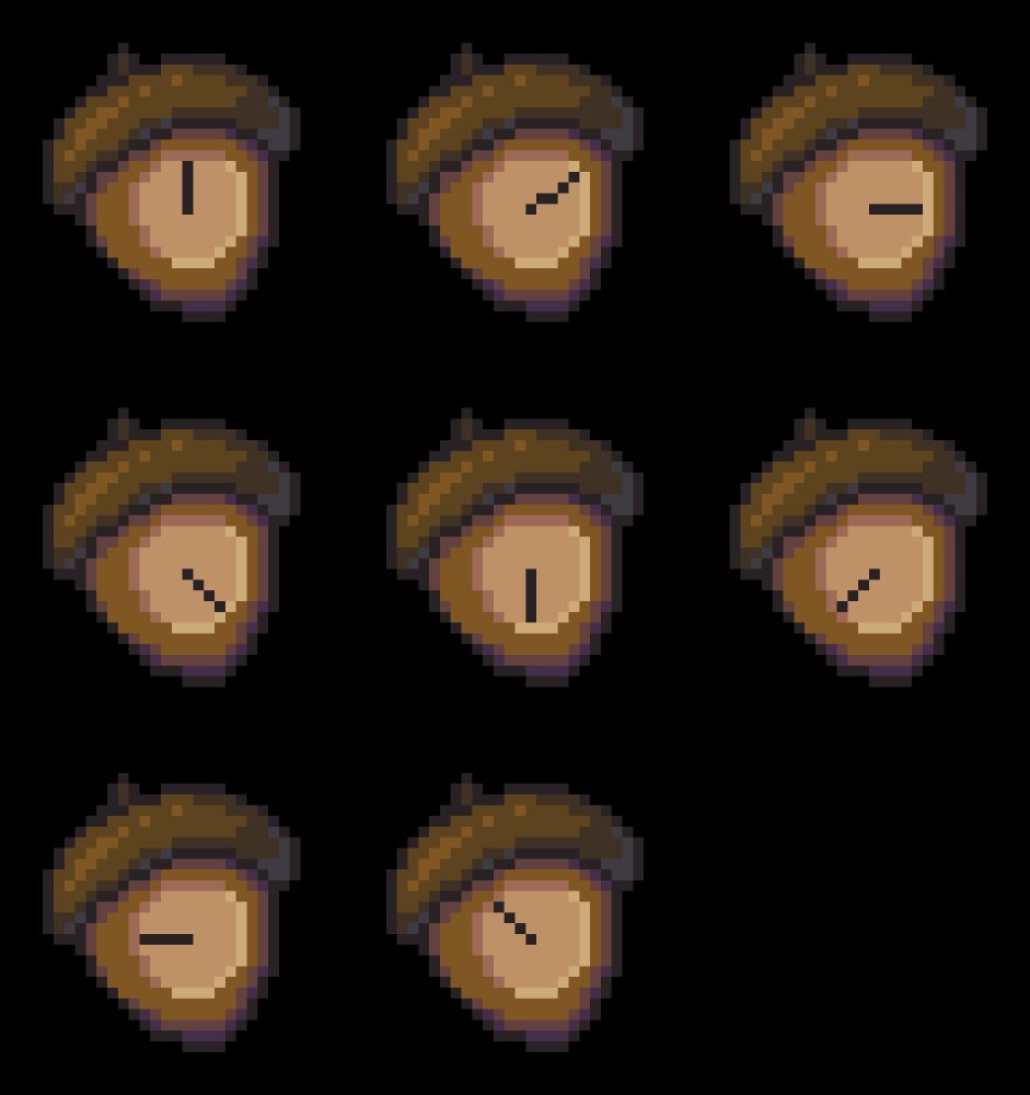 Pixel art of an acorn shaped clock. It's a sprite sheet, so each frame of the hand spinning is shown in succession