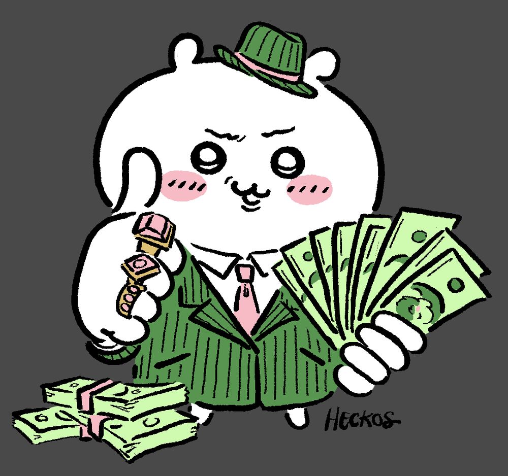 a drawing of chiikawa, a cute white creature that resembles a bear or hamster, posed and dressed up to emulate the classic gangster spongebob tshirt design. they are in a green pinstripe suit and hat, hold a fanned out stack of cash, and are doing a thumbs up