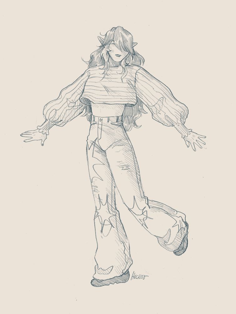 pencil drawing of a tall elf with long hair, a cropped sweater, and jeans