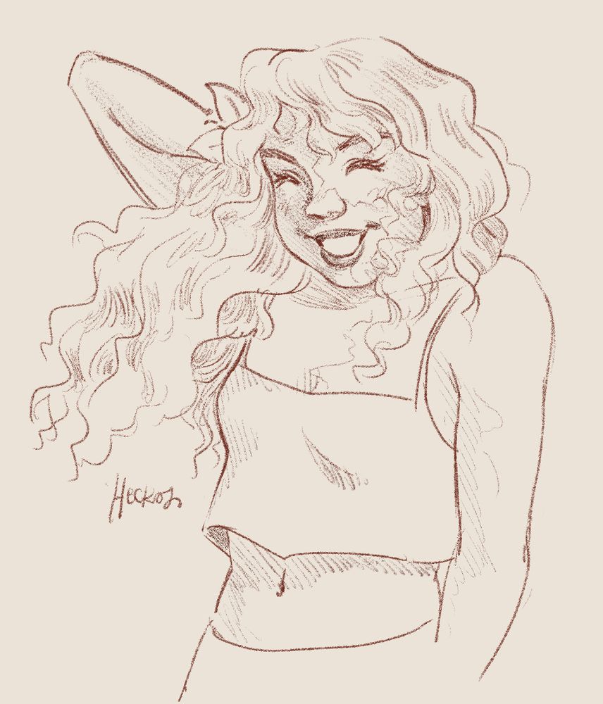 Waist up drawing of a girl with long curly hair in a tanktop