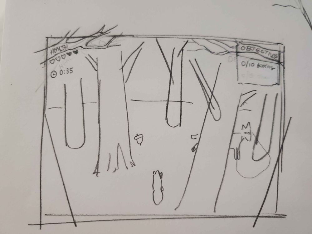 pencil sketch of a game. the HUD is two branches that come from the top left and right, labelled HEALTH and OBJECTIVES. A squirrel runs through a forest