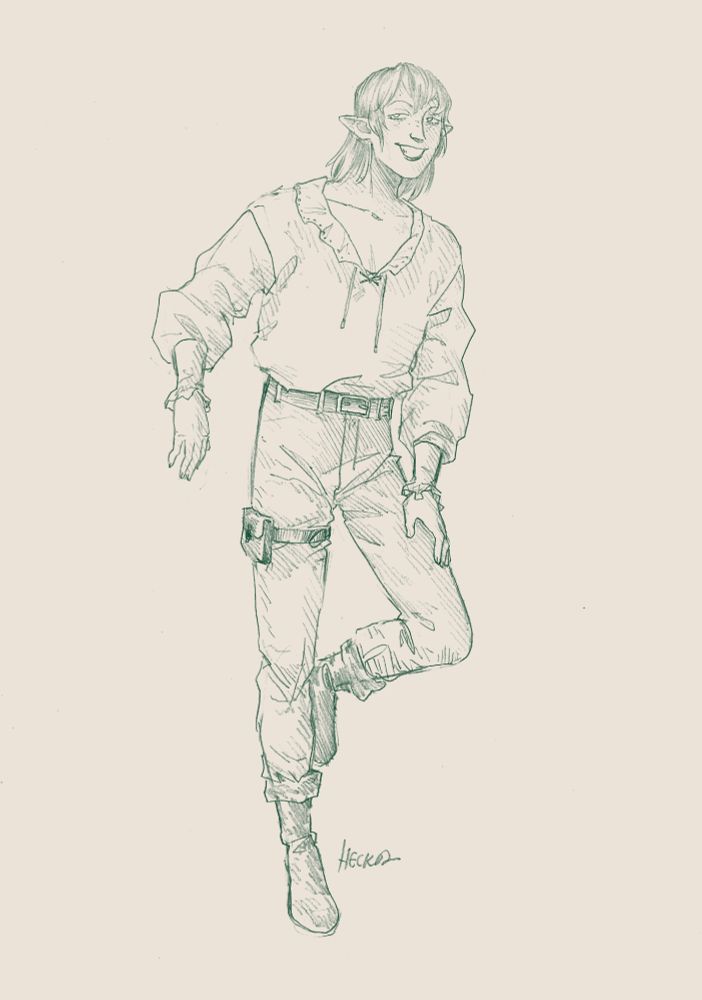 pencil drawing. a tall person with shoulder length hair and elf ears leans against an invisible wall