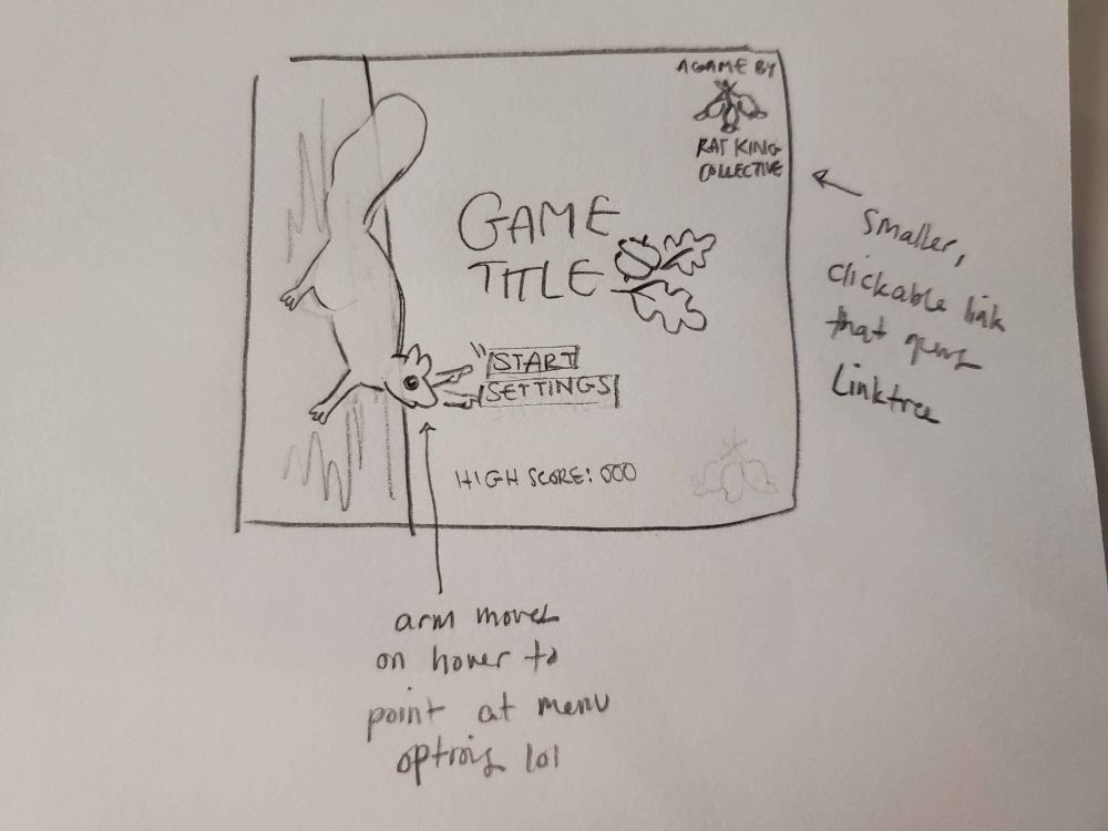 pencil sketch of a game title screen with a squirrel on a tree