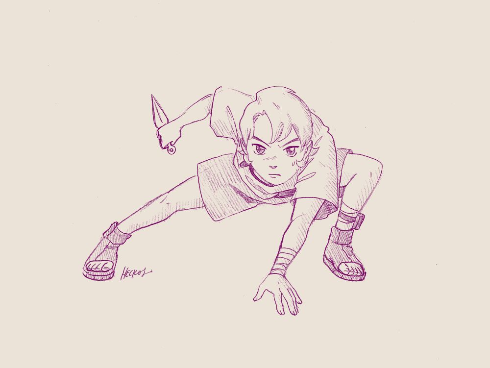 pencil drawing of a naruto OC in the classic naruto crouch pose. they hold a kunai in one hand, and the other is on the ground for balance