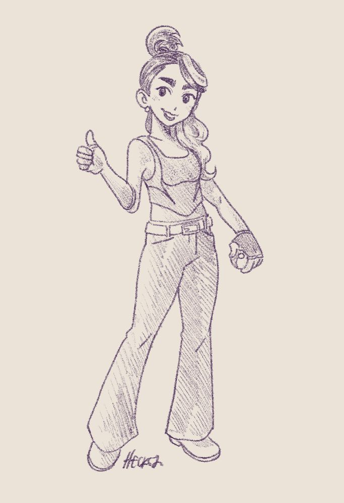 full body drawing of a pokemon trainer oc in long flared pants and a cropped tank top