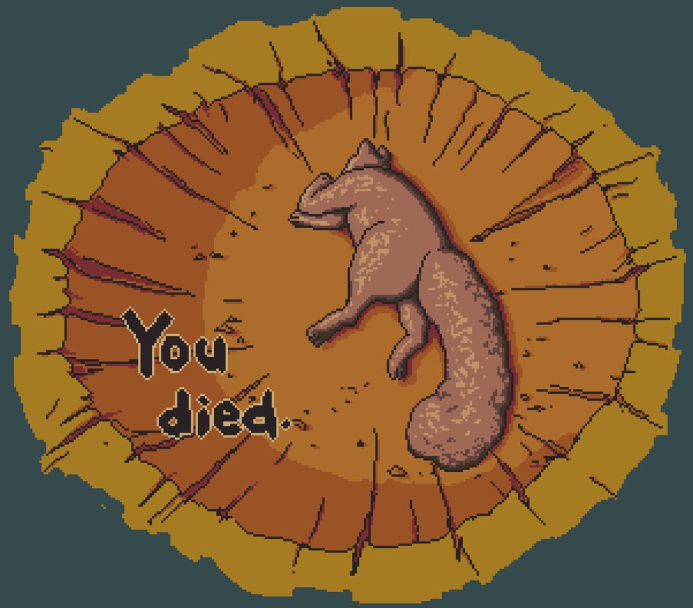 A replica of the meme image of Goku crashed into a pit in the ground, but instead of Goku it's a pixel art squirrel. Text: You died.