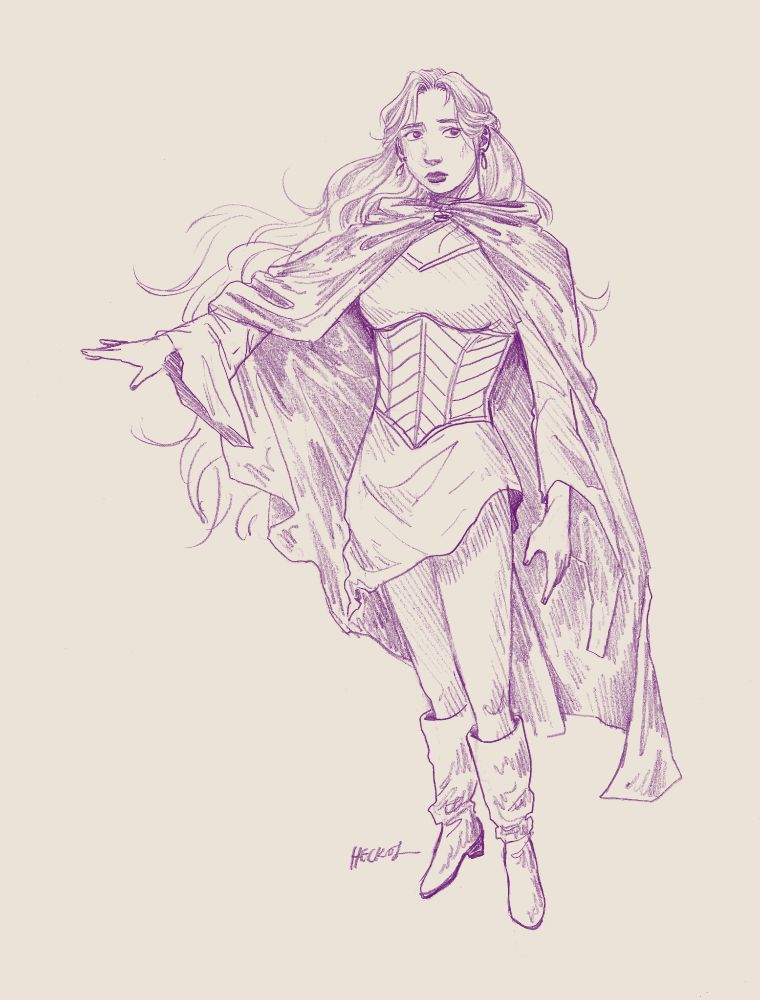 a pencil drawing of a young woman in a fantasy outfit and cape. she has one arm outstretched