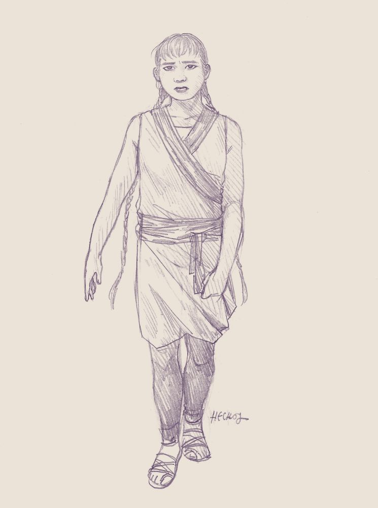 pencil drawing of a girl with long dark braids and bangs. she's walking forward with a serious expression