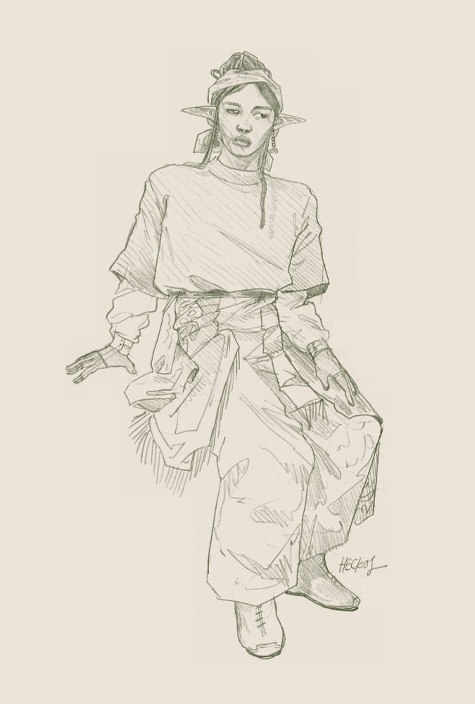 pencil drawing of a tall elf sitting casually. he is wearing baggy layered clothes and have a scar on the lower right side of his face
