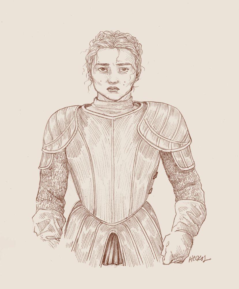 A pencil drawing of a serious young woman in plate armor and mail. Her hair is up and braided.