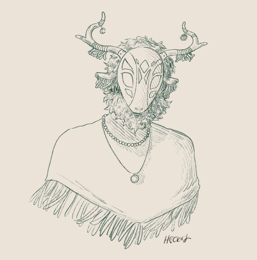 bust drawing of a masked figure that resembles a sheep