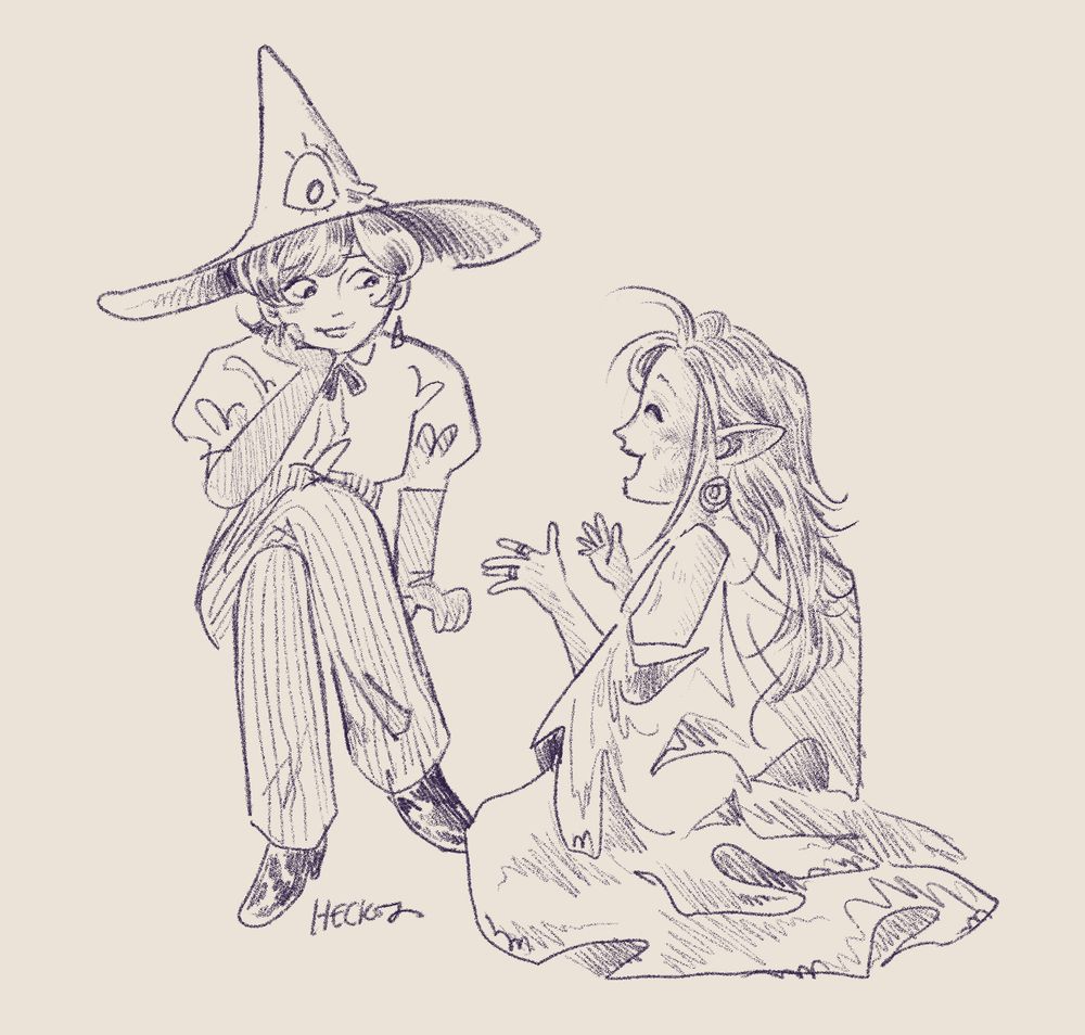 drawing of two seated figures, one in a witch hat and one in a baggy, cloaklike outfit. the second one talks animatedly