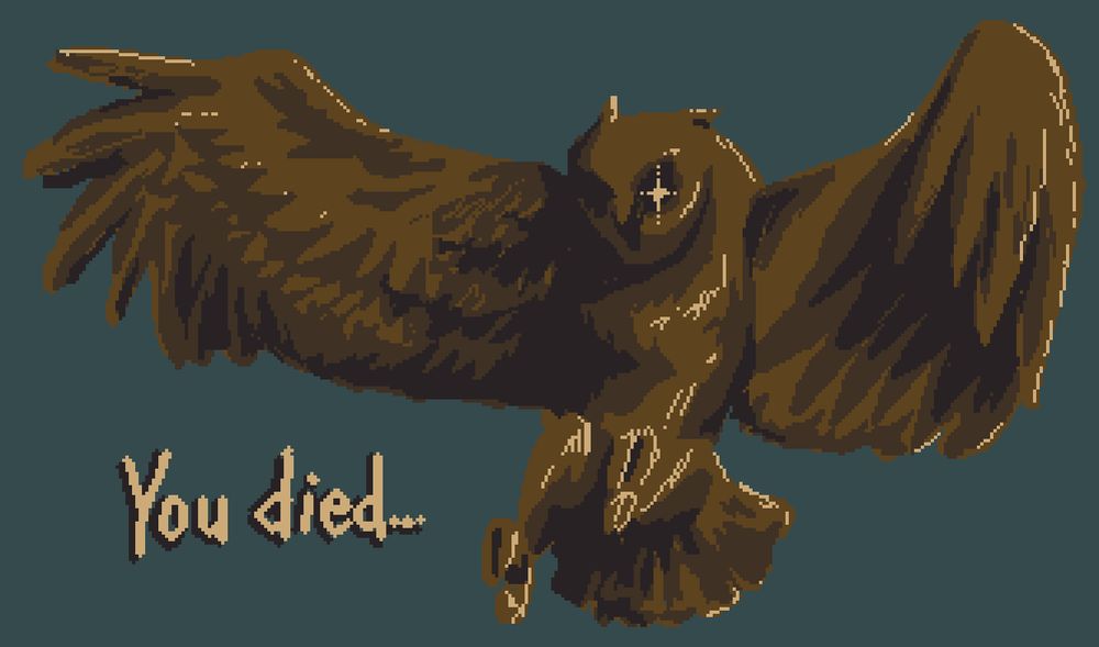 Pixel art of a menacing looking owl that is descending on unseen prey. Text reads "You died..."