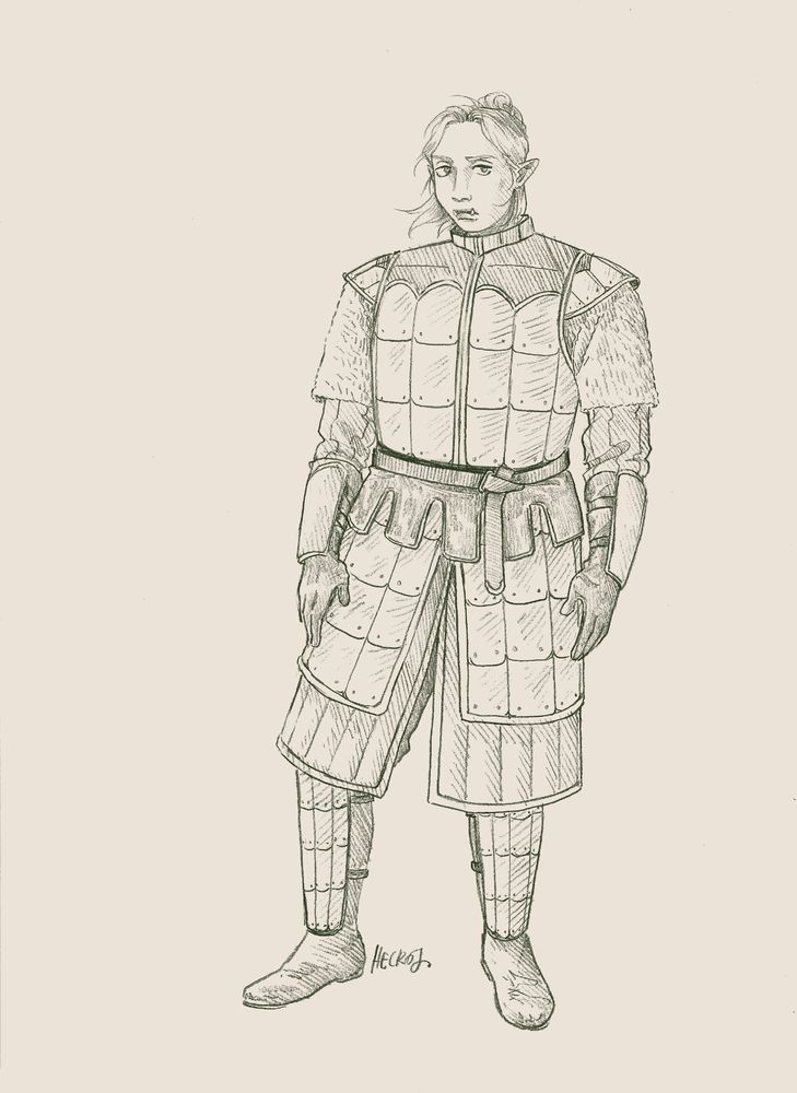 pencil drawing of a solidly built half orc woman in armor. she looks unenthused