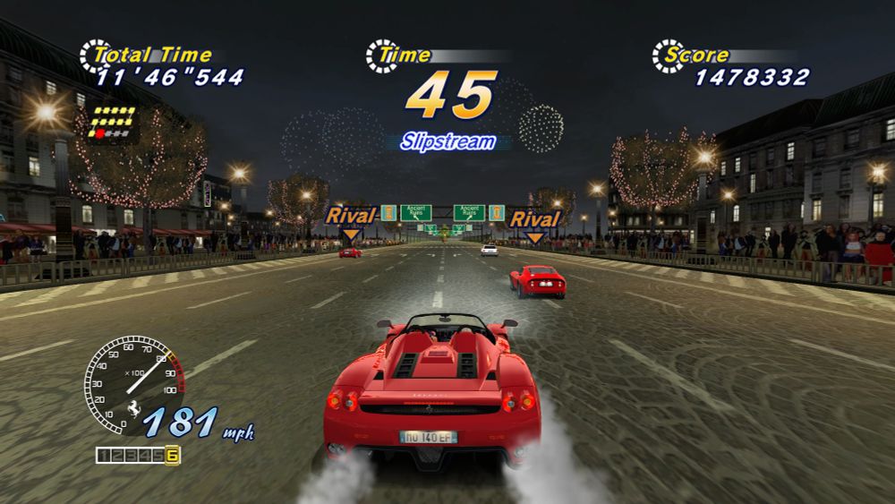Screenshot of OutRun 2006: Coast 2 Coast for PC. The player is driving an Enzo Ferrari at the end of an area set at nighttime, with two rival cars ahead on the road, and fireworks in the sky. The OutRun2006Tweaks mod is being run, allowing the user to take control over UI scaling, texture and music replacements, and much more.