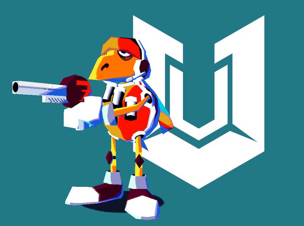 Render of Snap the Sentinel superimposed next to the UZDoom logo