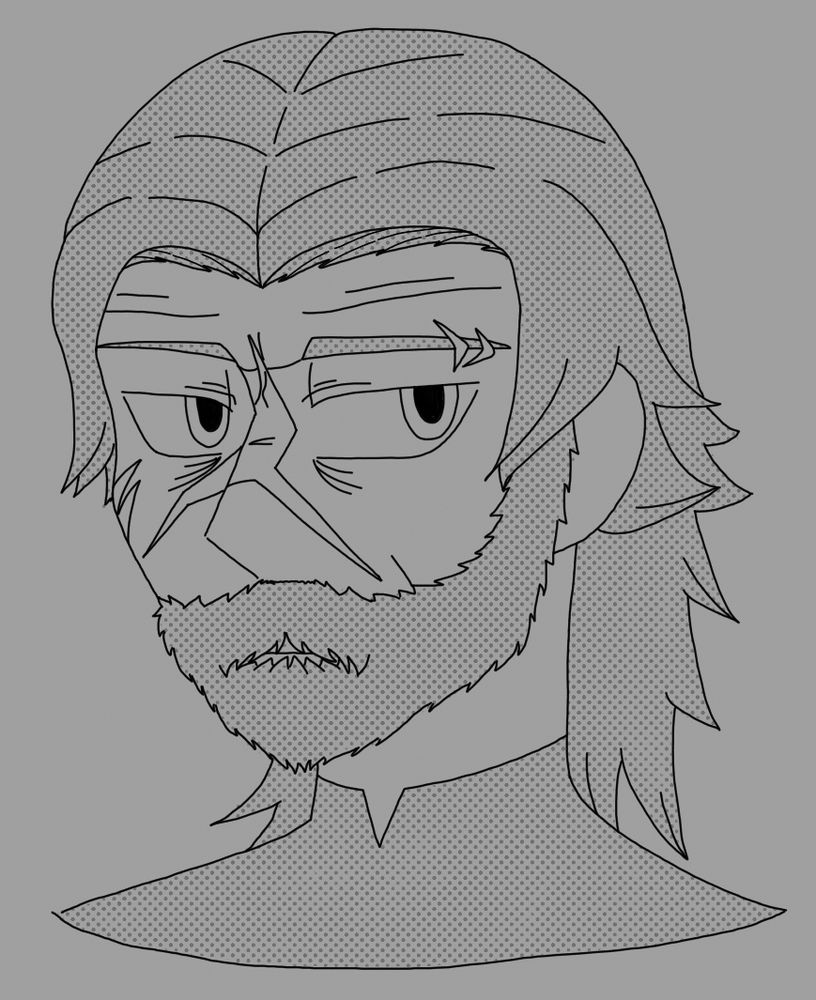 A close up digital sketch of an older, battle worn man with a full beard and messy, ragged hair. This is for the first prompt of Inktober 2025, “mustache.”