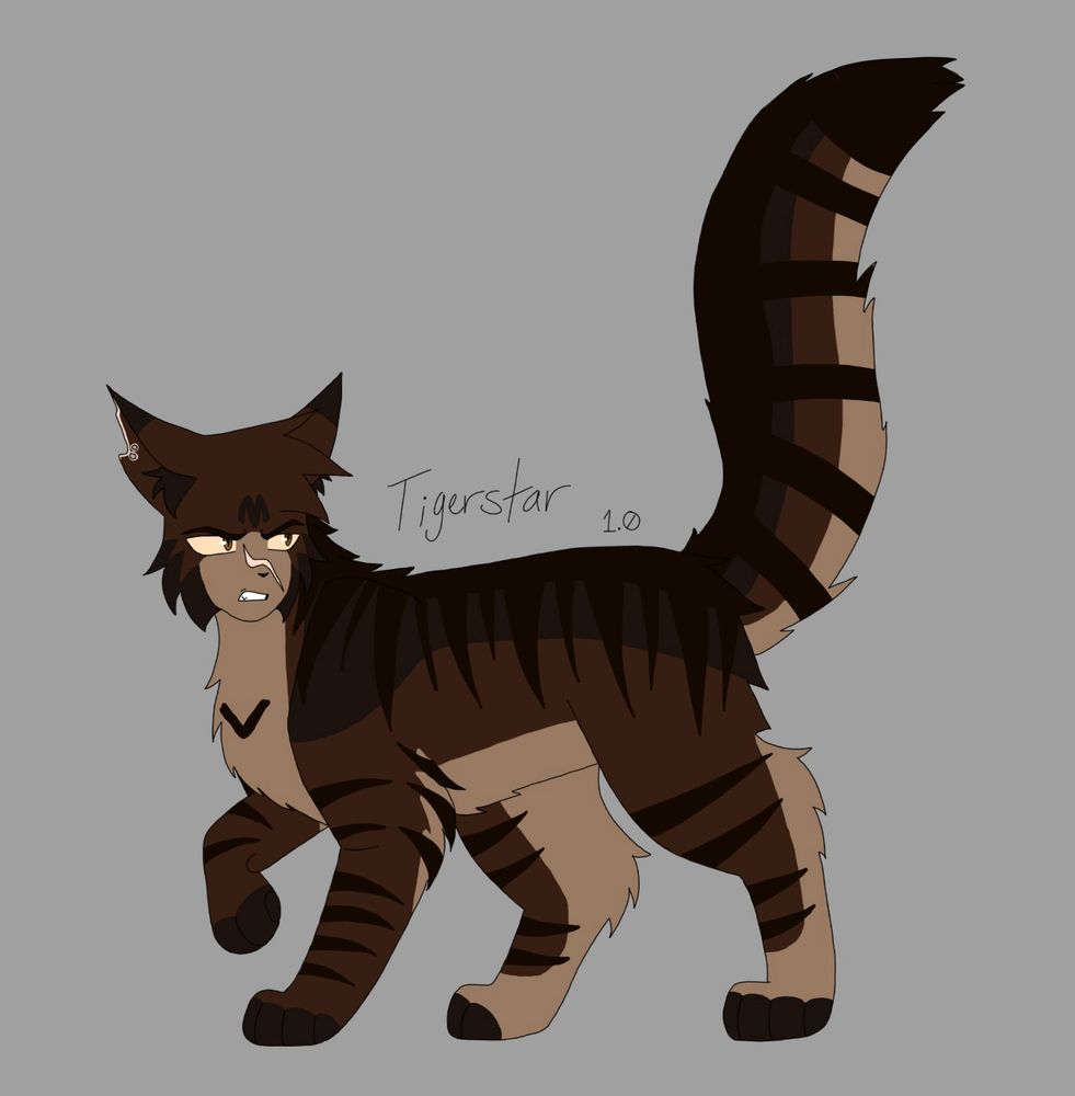 An image of a dark brown tabby tom cat with a scar across the bridge of his nose and a heavily scarred right ear. He is Tigerstar the first from the series Warriors by Erin Hunter.