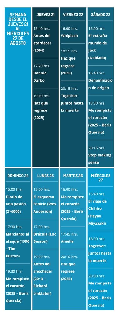 Cartelera de esta semana actualizada, desde el jueves 21 al miércoles 27 de agosto!!! 🎬.
Los(a) esperamos en el cine!!! 🎥.