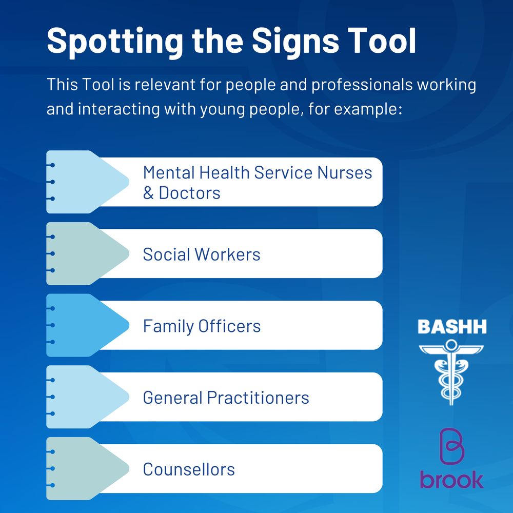 Spotting the Signs Tool
This Tool is relevant for people and professionals working and interacting with young people, for example: 
Mental Health Service Nurses & Doctors
Social Workers
Family Officers
General Practitioners 
Counsellors
BASHH and Brook logo included
