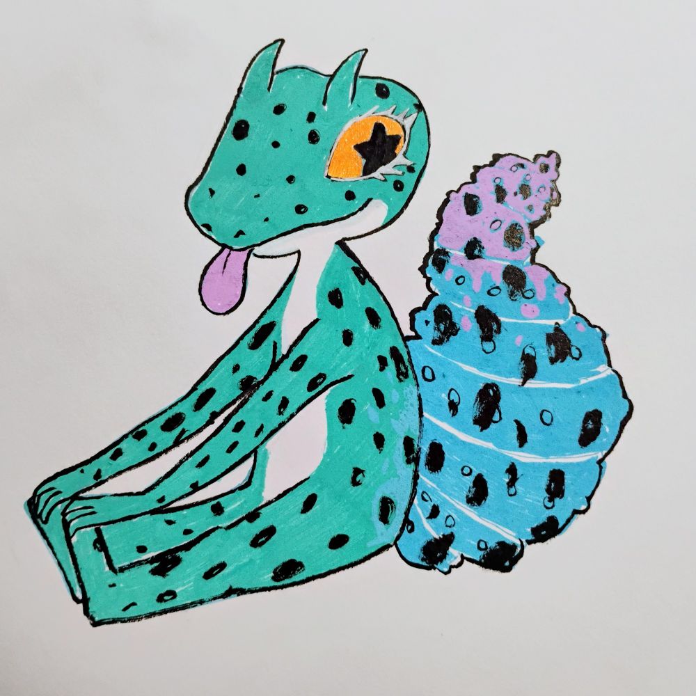 Made up a leopard gecko character with horns and big white eyelashes sitting holding on to its feet, sticking its purple tongue out. Its main colors are a gradient of purple, blue and teal, with a white under side, covered in black spots.