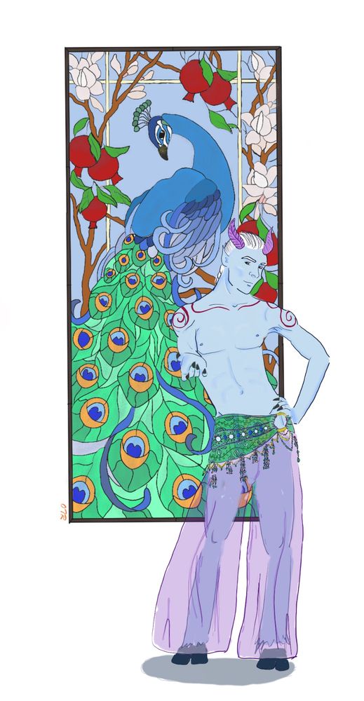 A shirtless blue tiefling stands in front of a stained glass peacock. One hand is extended forward in invitation.
