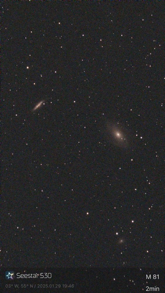 An image of three galaxies:  they're swirly yellow on a background of stars.  This is M81 (Bodes) and its neighbours M82 (cigar) and NGC 3077.  It was taken with a SeeStar S30 with just a 2 minute exposure. 