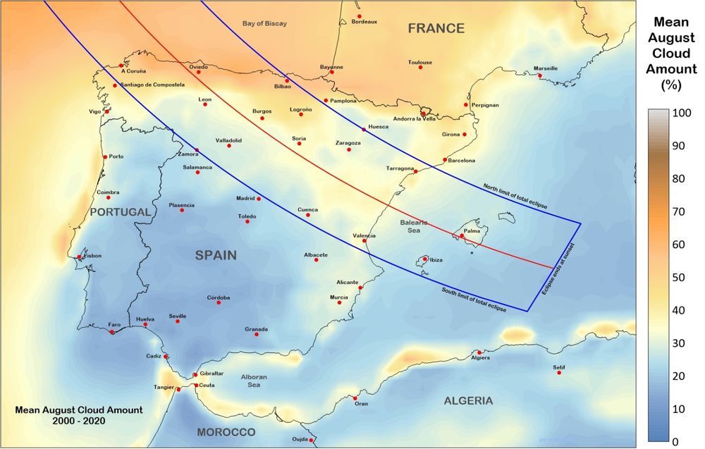 A map of Spain with the total eclipse path marked.  It travels from Oviedo in the NW down to Palma in the SE.  A colour scale marks the average August cloud cover from 20 years worth of data.  There are pockets with <10% chance of clouds along the path of totality.

From https://eclipsophile.com/tse2026/