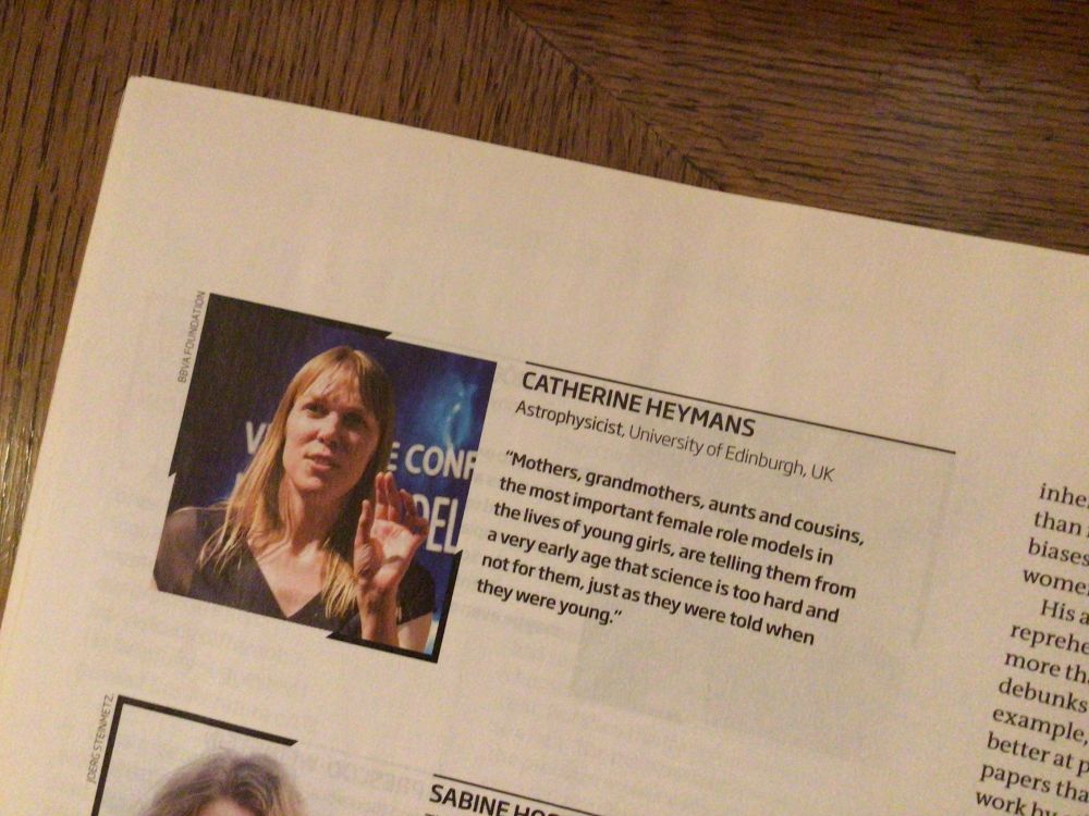 Catherine Heymans talking with hand out stretched.  The text reads, Astrophysicist, University of Edinburgh, UK: “Mothers, grandmothers, aunts and cousins, the most important female role models in the lives of young girls, are telling them from a very early age that science is too hard and not for them, just as they were told when they were young.”